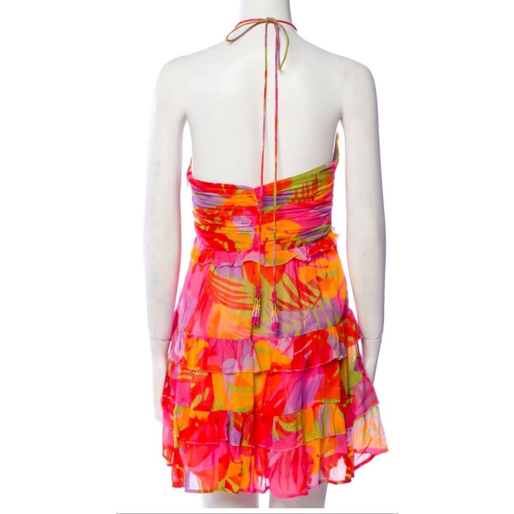 Farm Rio Colorful leaves halter ruffle tiered dress beaded tie XS EX cond - Picture 2 of 12